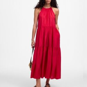 Madewell Habotai Silk Tiered Halter Dress In Watermelon